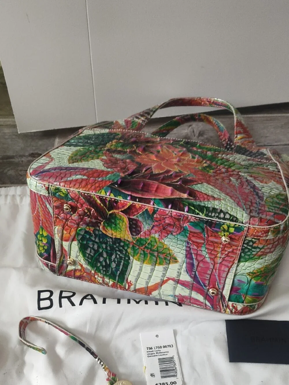 Brahmin Multicolor Floral Embossed Leather Shoulder Bag - Green, Pink, Orange